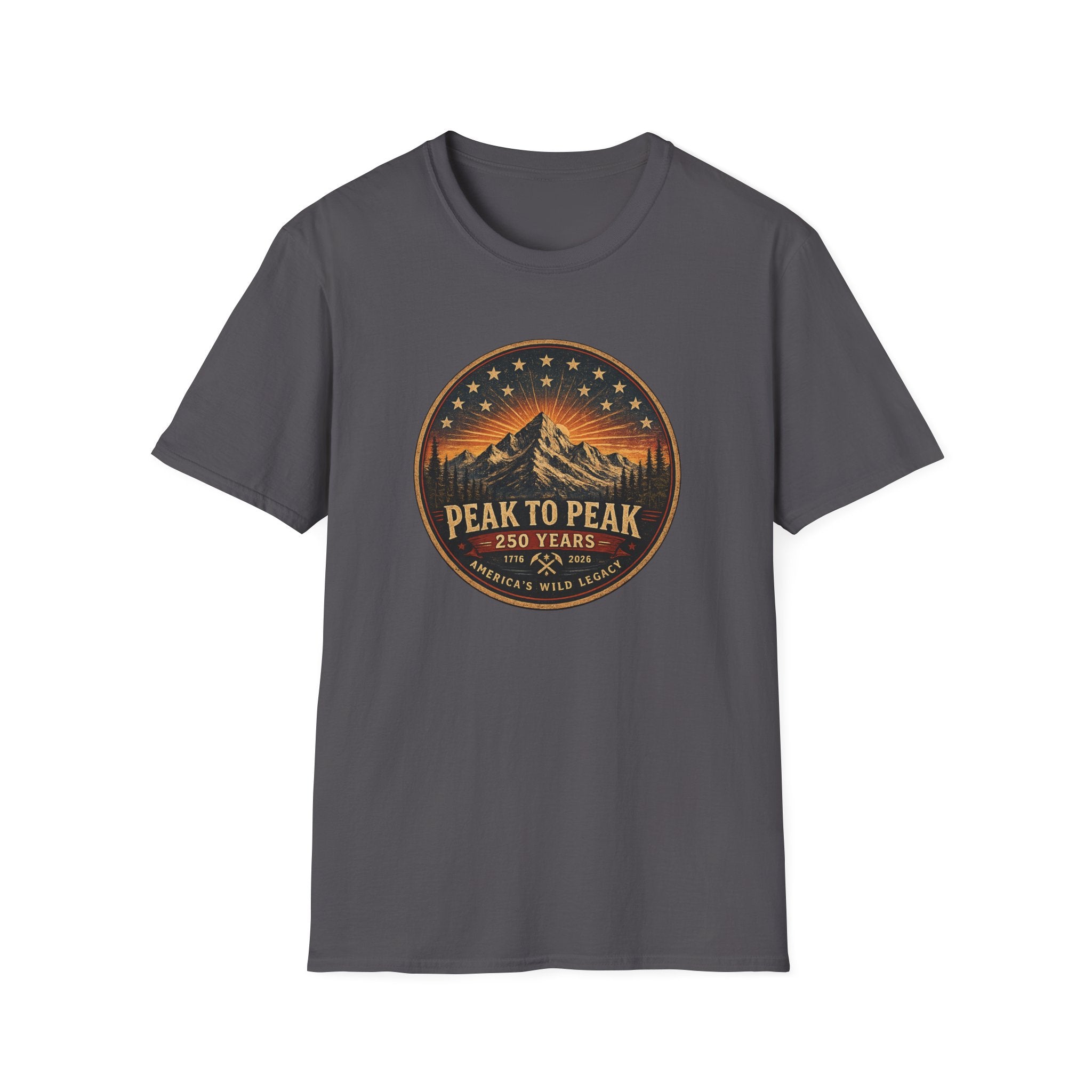 Peak to Peak Mountain T-Shirt — Vintage National Park Sunset Design