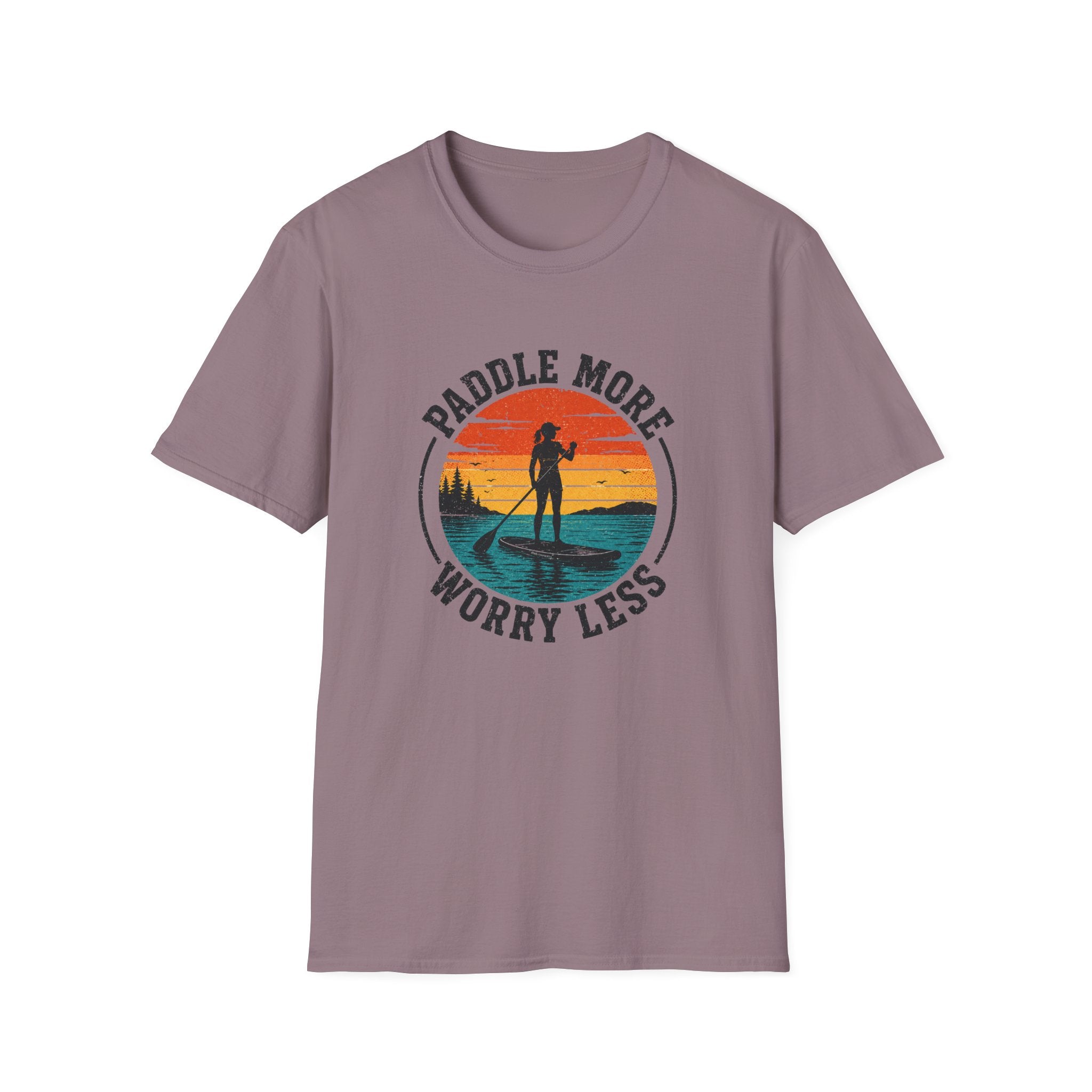 Paddle More Worry Less — Retro Sunset Paddleboarding Tee