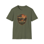 American Camping Badge — Vintage Flag & Campfire Outdoor Tee