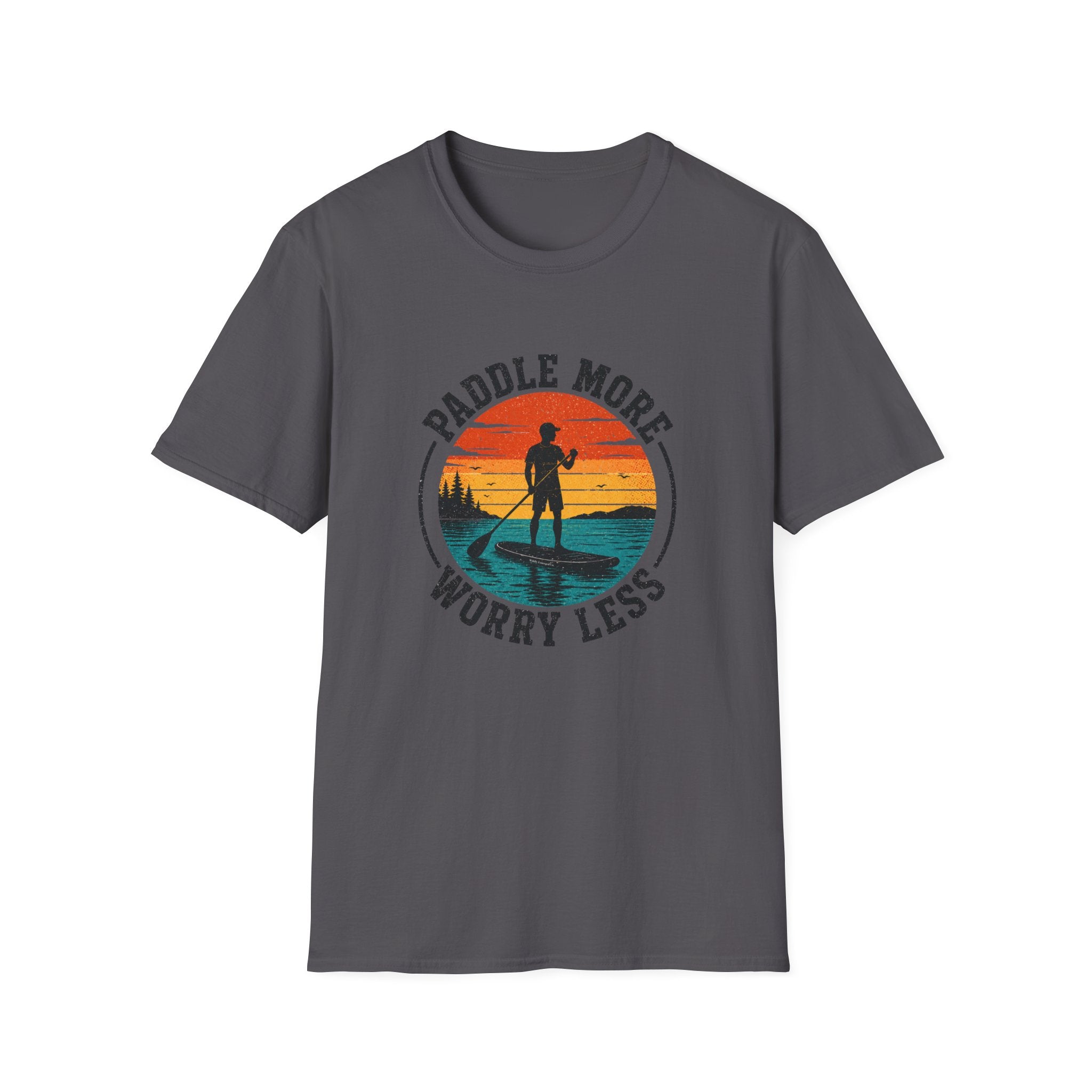 Paddle More Worry Less — Retro Sunset Stand Up Paddleboard Tee