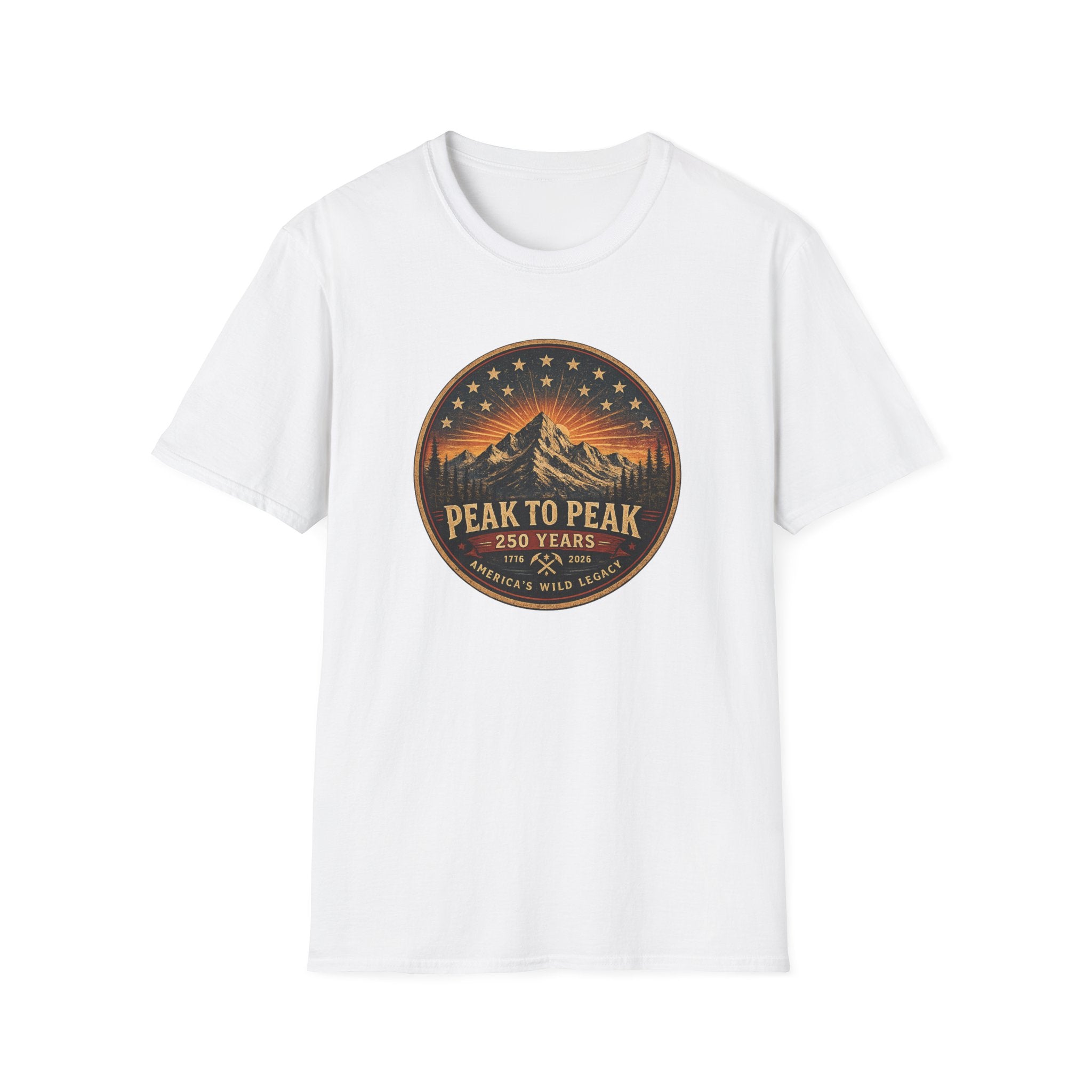 Peak to Peak Mountain T-Shirt — Vintage National Park Sunset Design