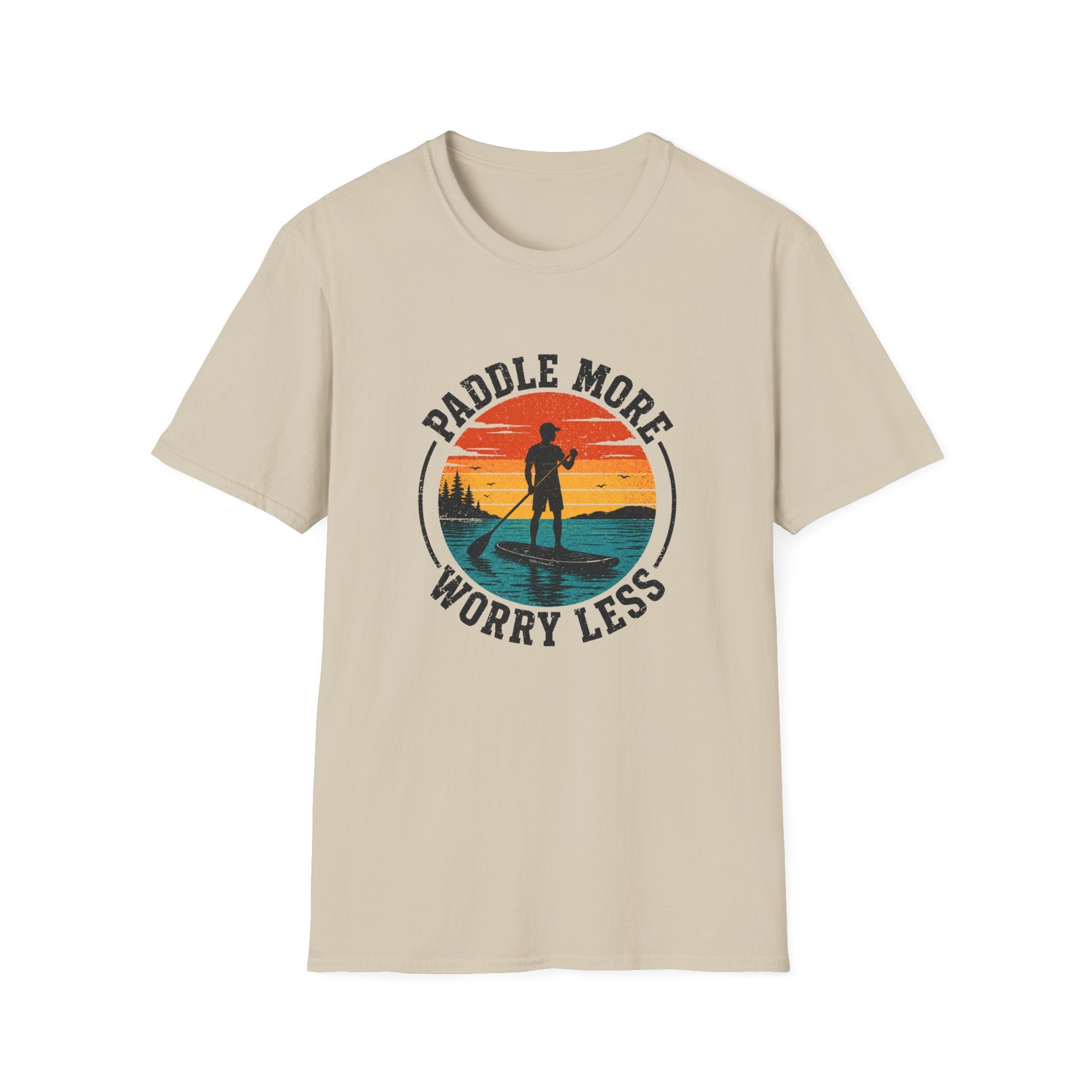 Paddle More Worry Less — Retro Sunset Stand Up Paddleboard Tee