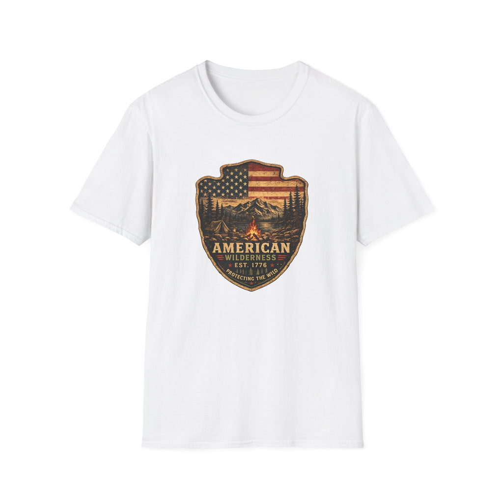 American Camping Badge — Vintage Flag & Campfire Outdoor Tee