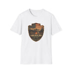 American Camping Badge — Vintage Flag & Campfire Outdoor Tee