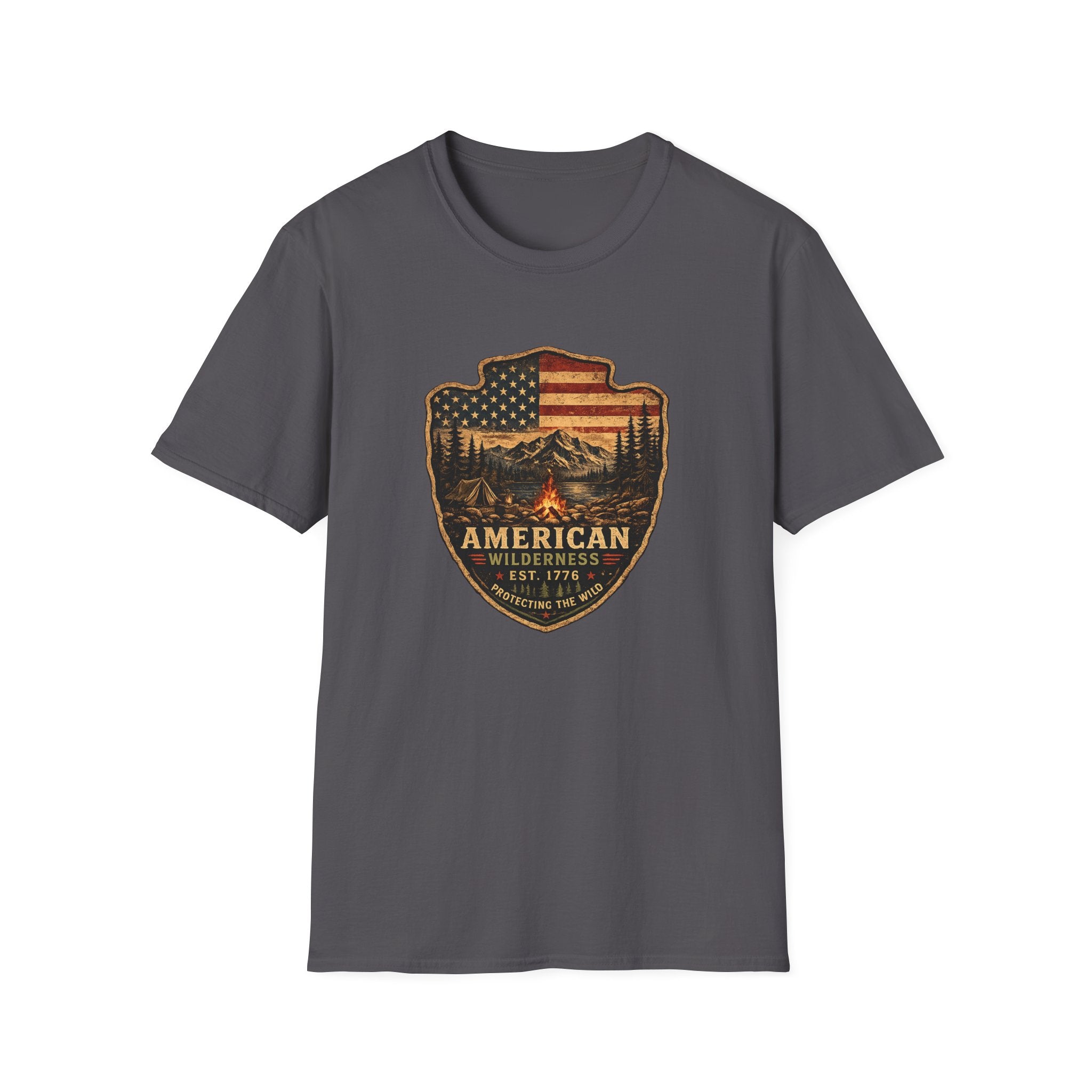 American Camping Badge — Vintage Flag & Campfire Outdoor Tee