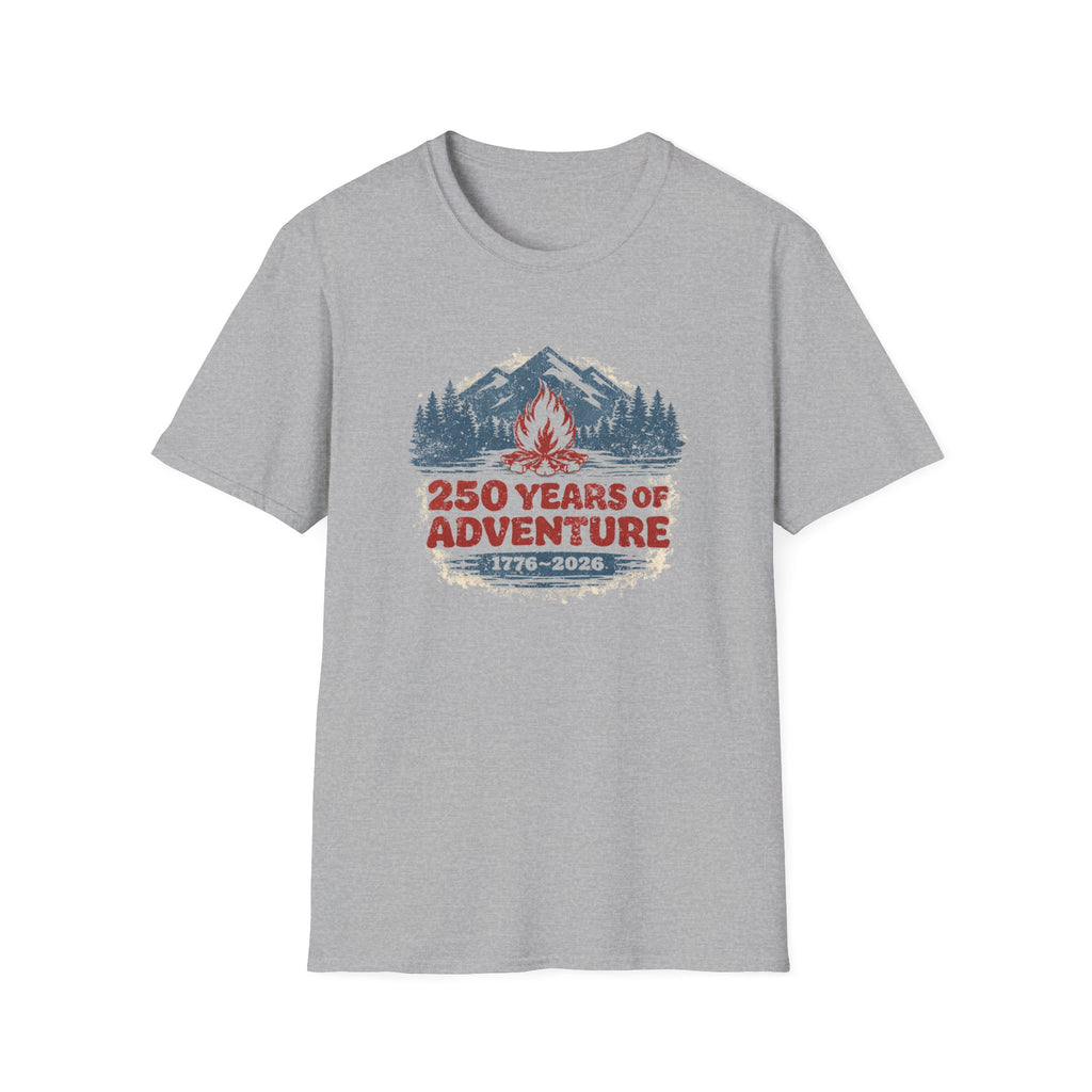 250 Years of Adventure — 1776–2026 Patriotic Outdoor Campfire Tee