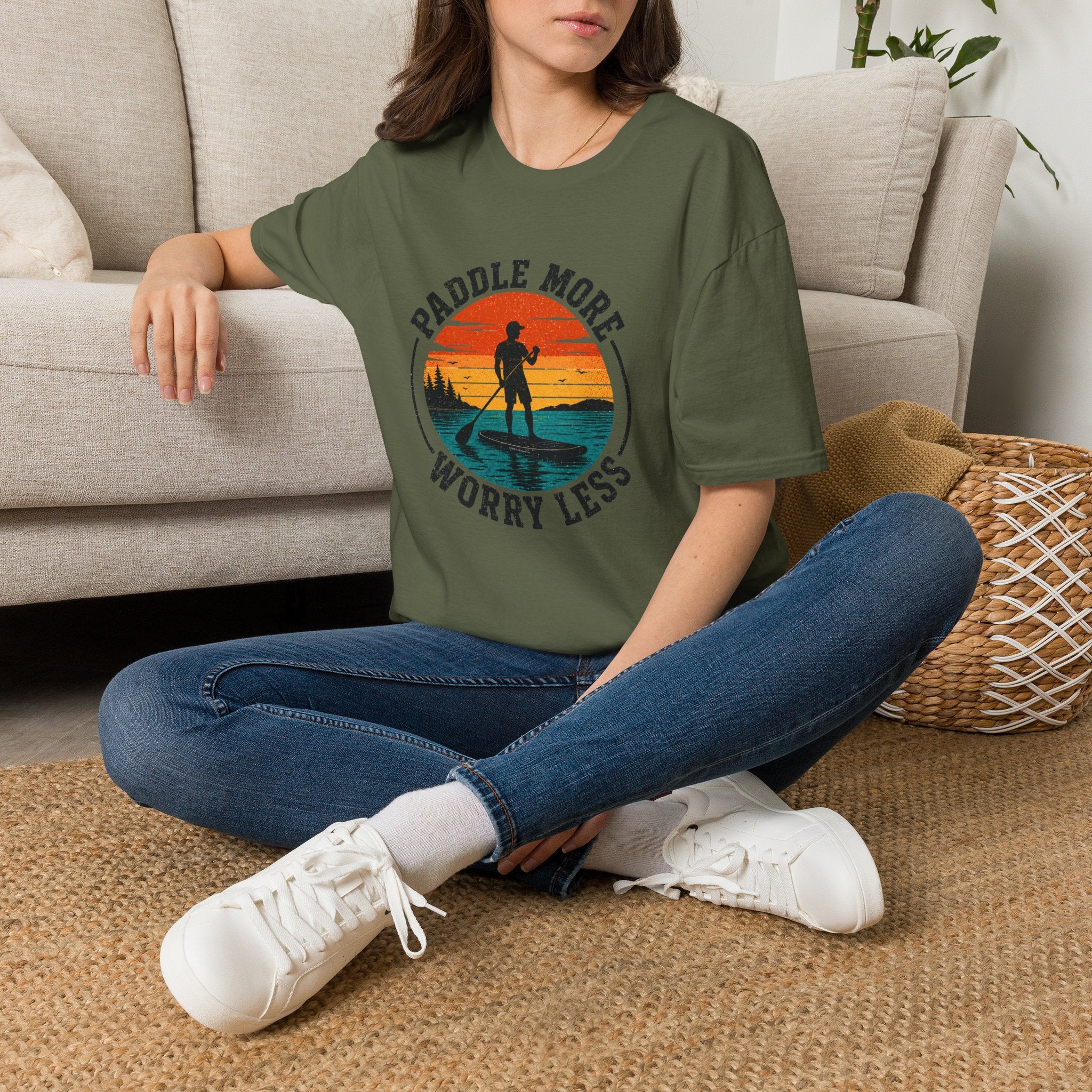 Paddle More Worry Less — Retro Sunset Stand Up Paddleboard Tee