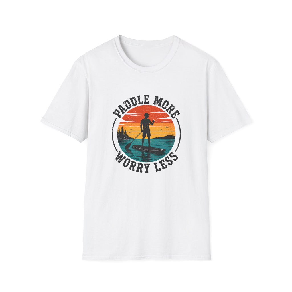 Paddle More Worry Less — Retro Sunset Stand Up Paddleboard Tee