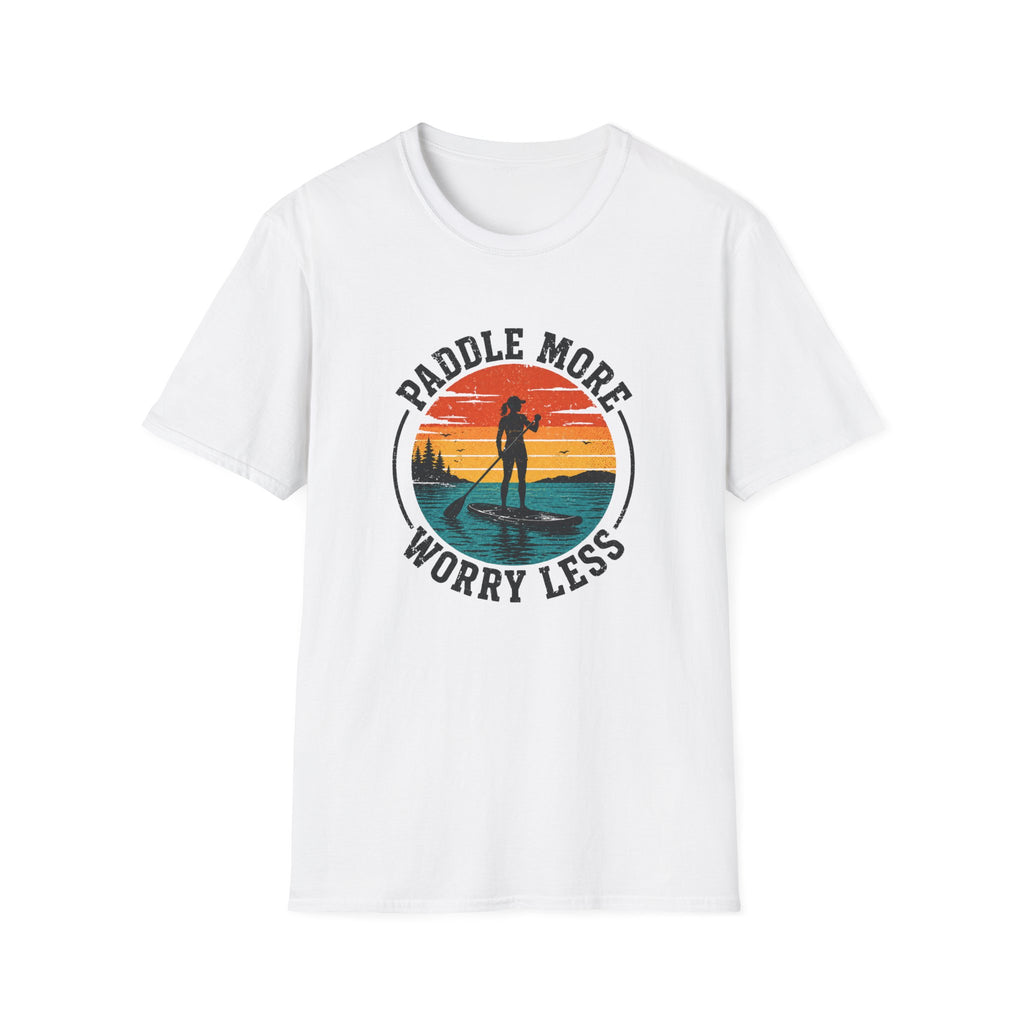 Paddle More Worry Less — Retro Sunset Paddleboarding Tee