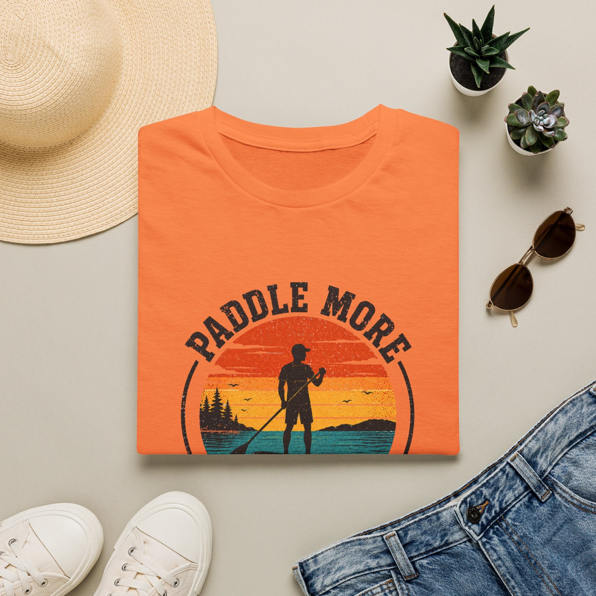 Paddle More Worry Less — Retro Sunset Stand Up Paddleboard Tee