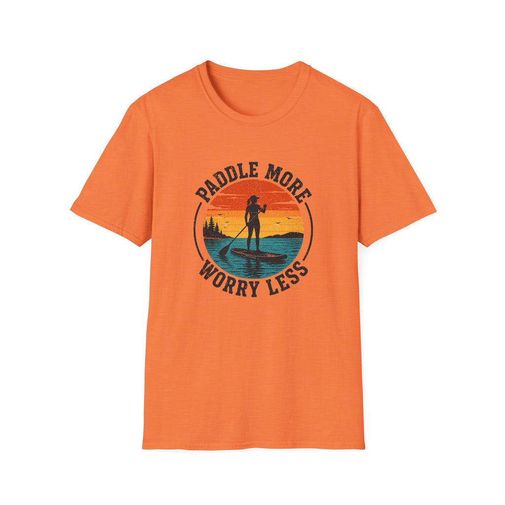 Paddle More Worry Less — Retro Sunset Paddleboarding Tee