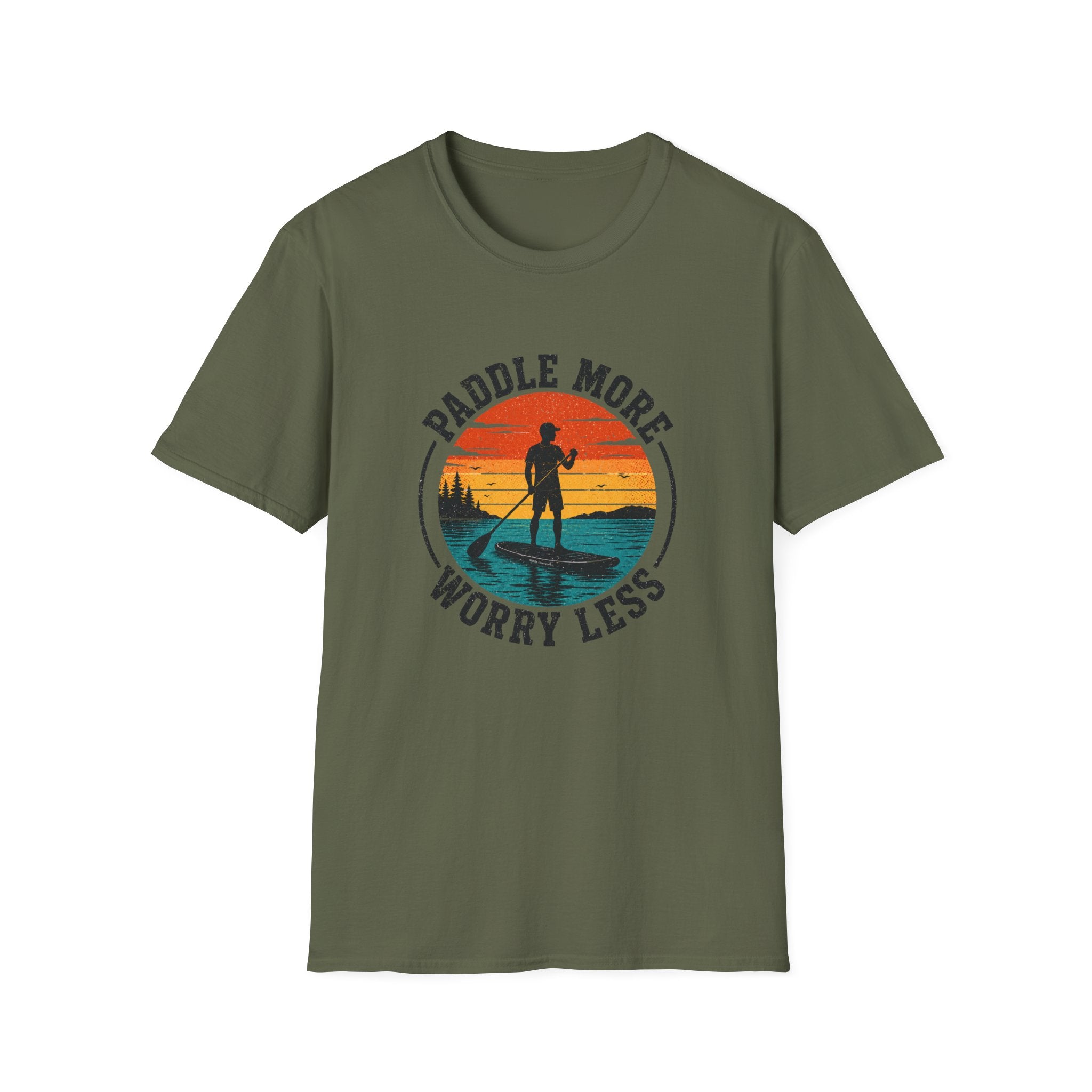 Paddle More Worry Less — Retro Sunset Stand Up Paddleboard Tee