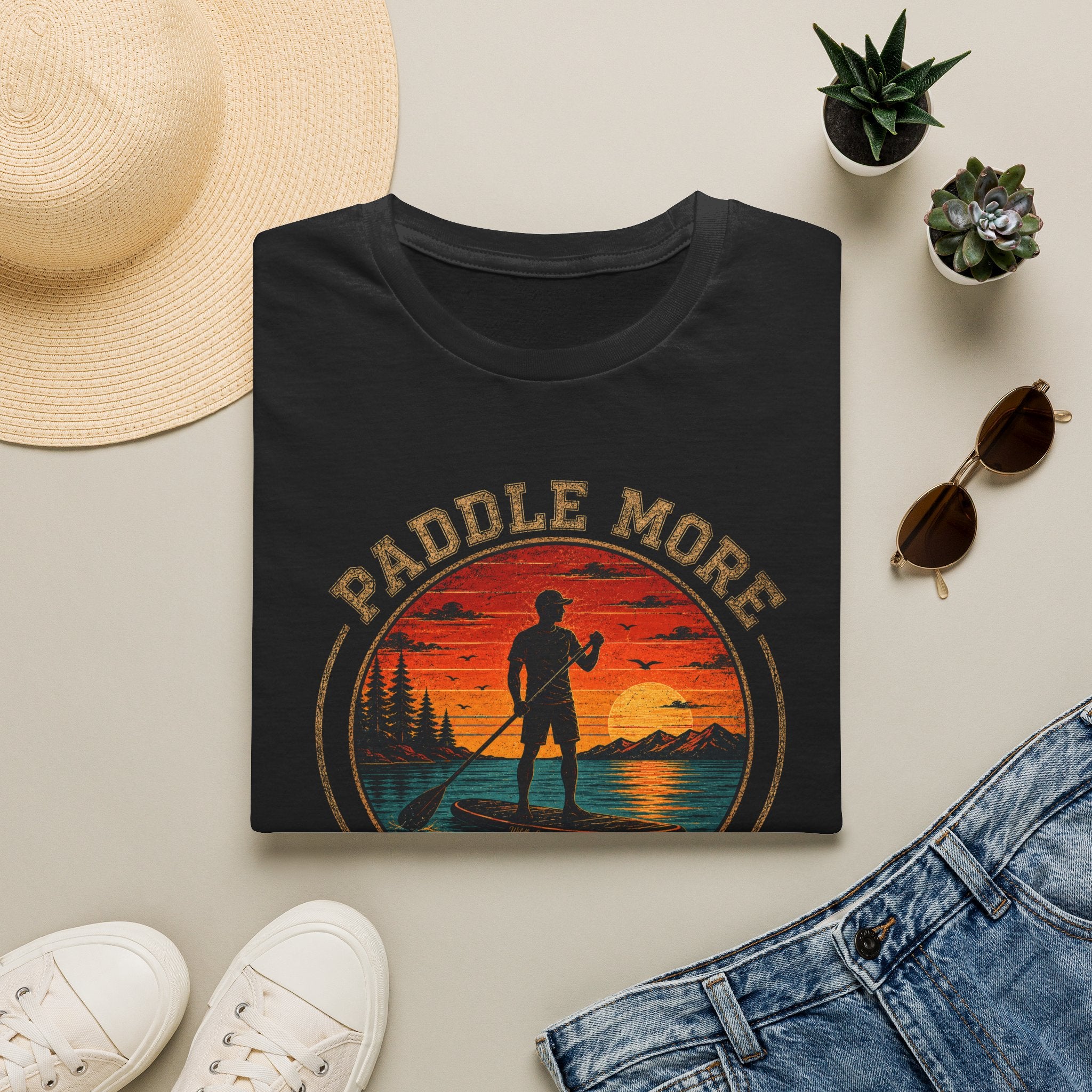 Paddle More Worry Less — Retro Sunset Stand Up Paddleboard Tee