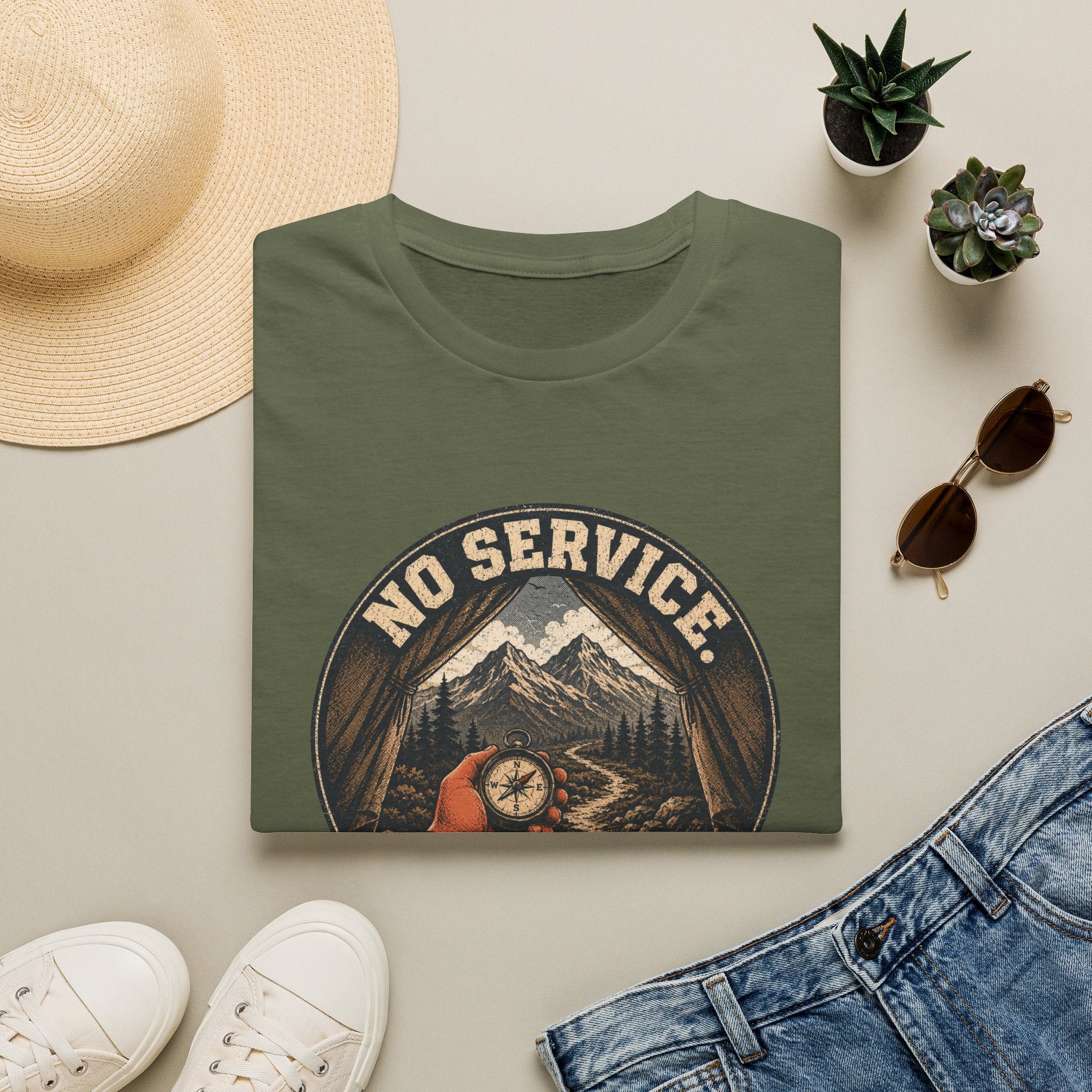 No Service No Problem — Adventure Compass Mountain Graphic Tee
