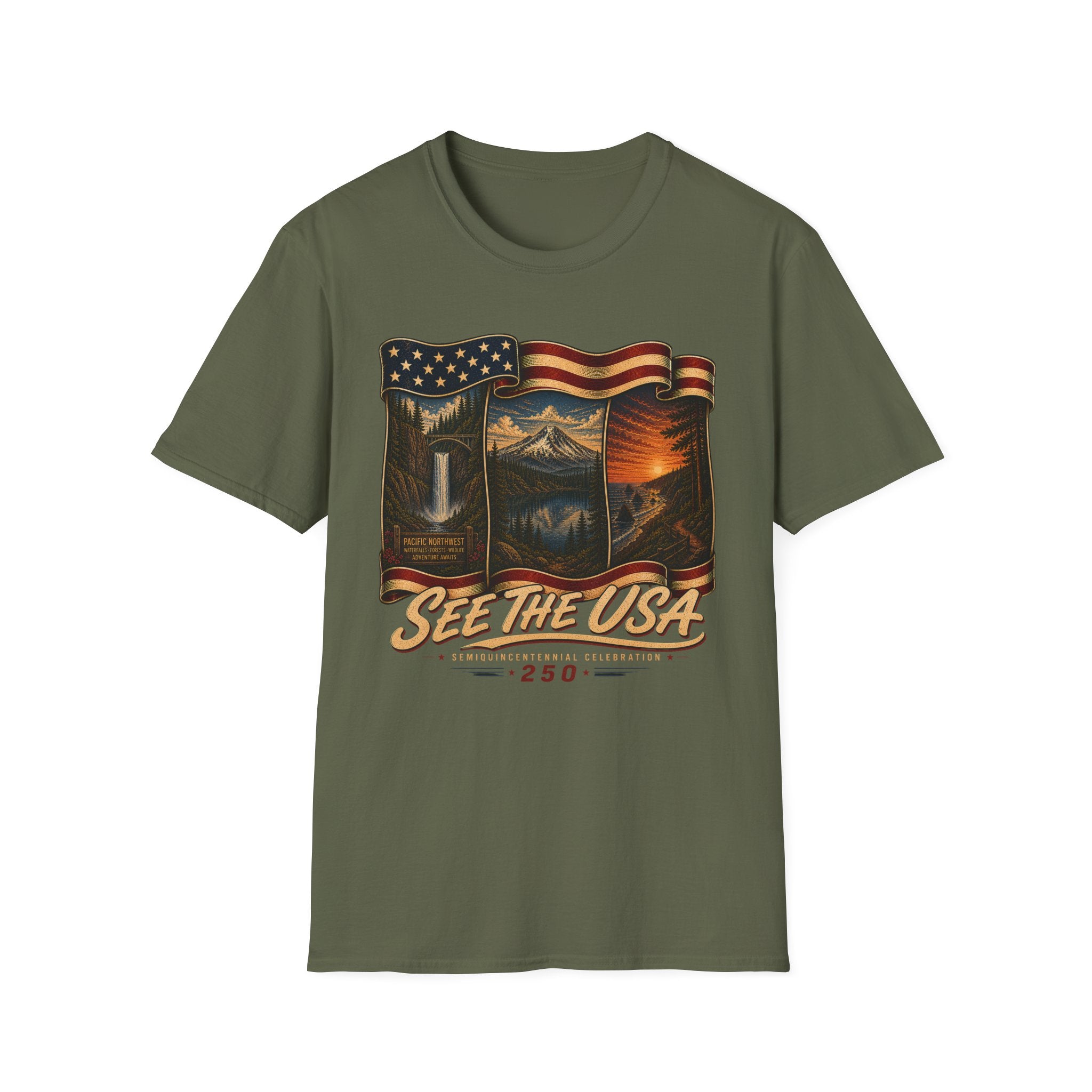 See the USA — Vintage American Flag Scenic Travel Tee
