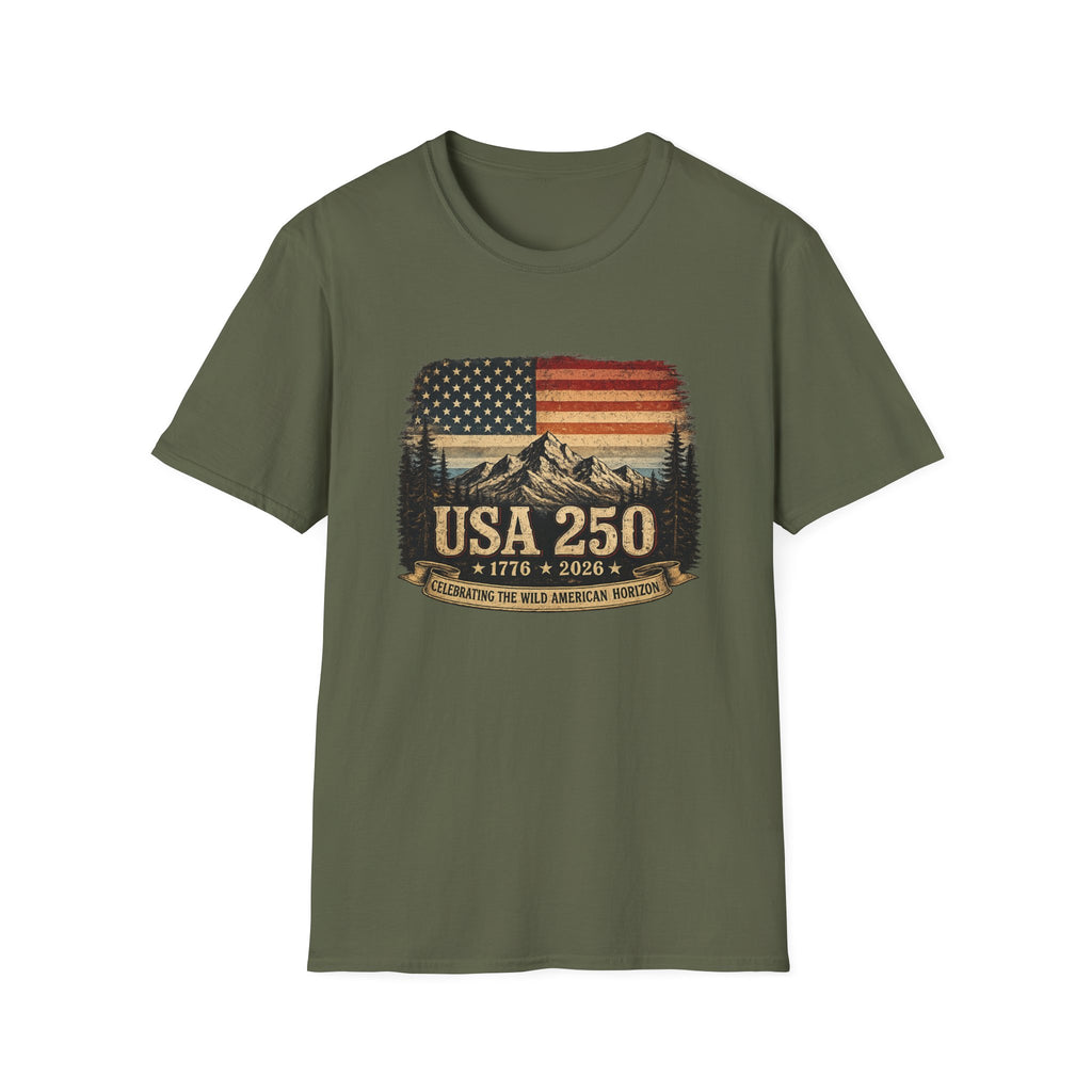 USA 250 Anniversary — Vintage American Flag & Mountain Design (1776–2026)