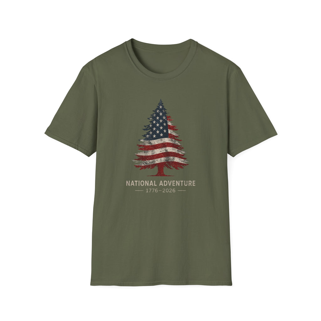 American Flag Pine Tree — "National Adventure" Patriotic Graphic Tee