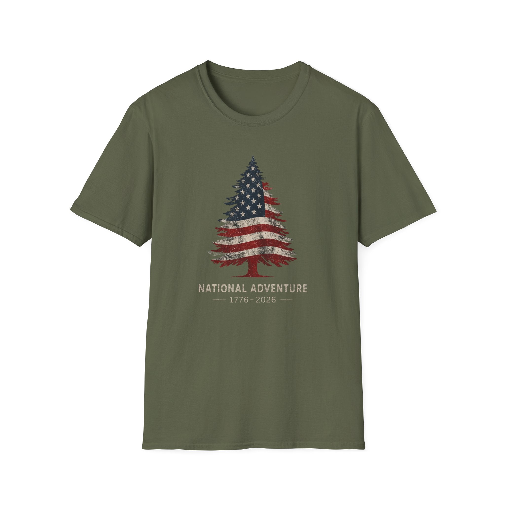 American Flag Pine Tree — "National Adventure" Patriotic Graphic Tee