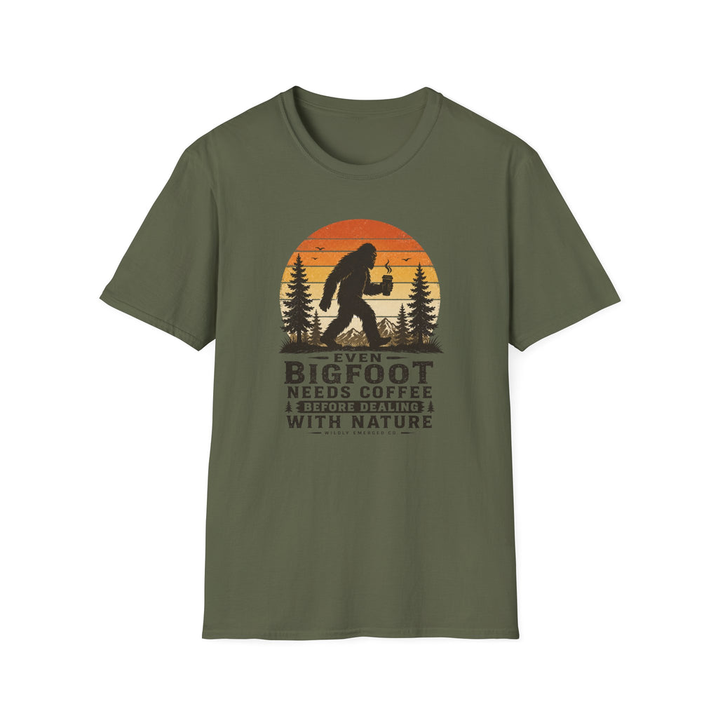 Bigfoot Needs Coffee T-Shirt – Funny Sasquatch Camping Graphic Tee