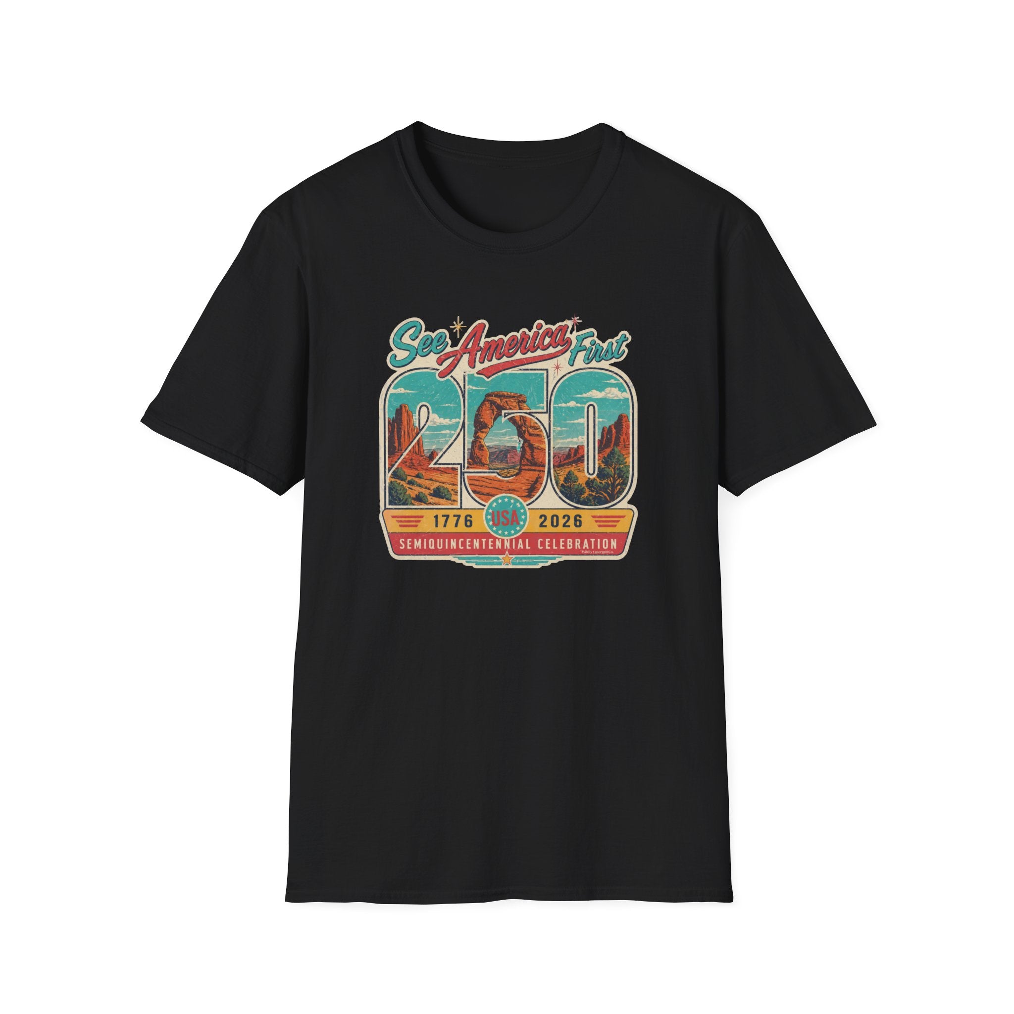 See America First 250 — 1776–2026 Travel Retro Anniversary Tee