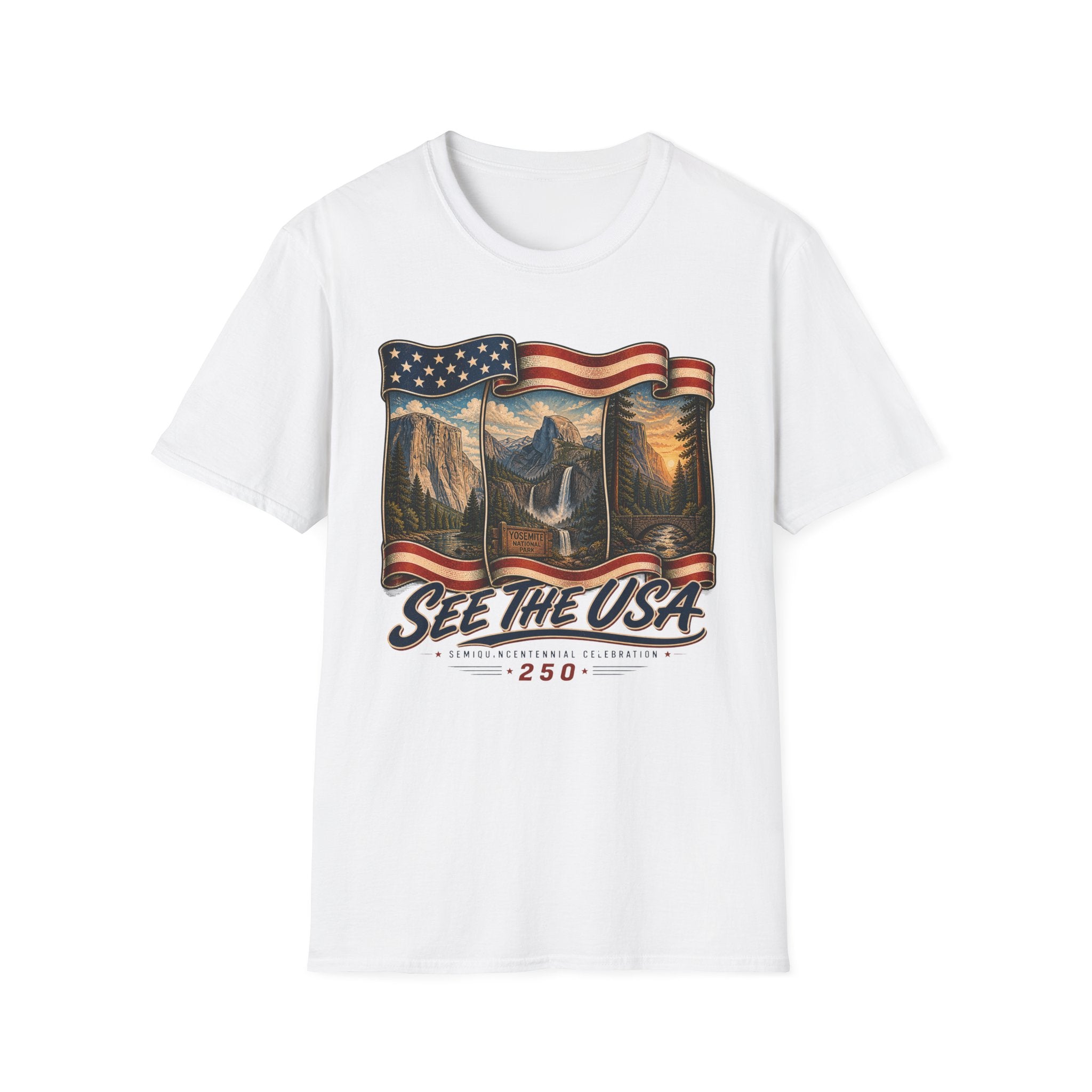 See the USA — Vintage American Flag National Parks Scenic Tee