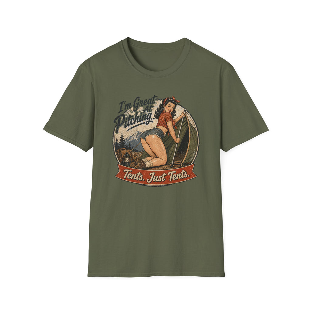 "I'm Great at Pitching... Tents, Just Tents" Retro Pin-Up Tee
