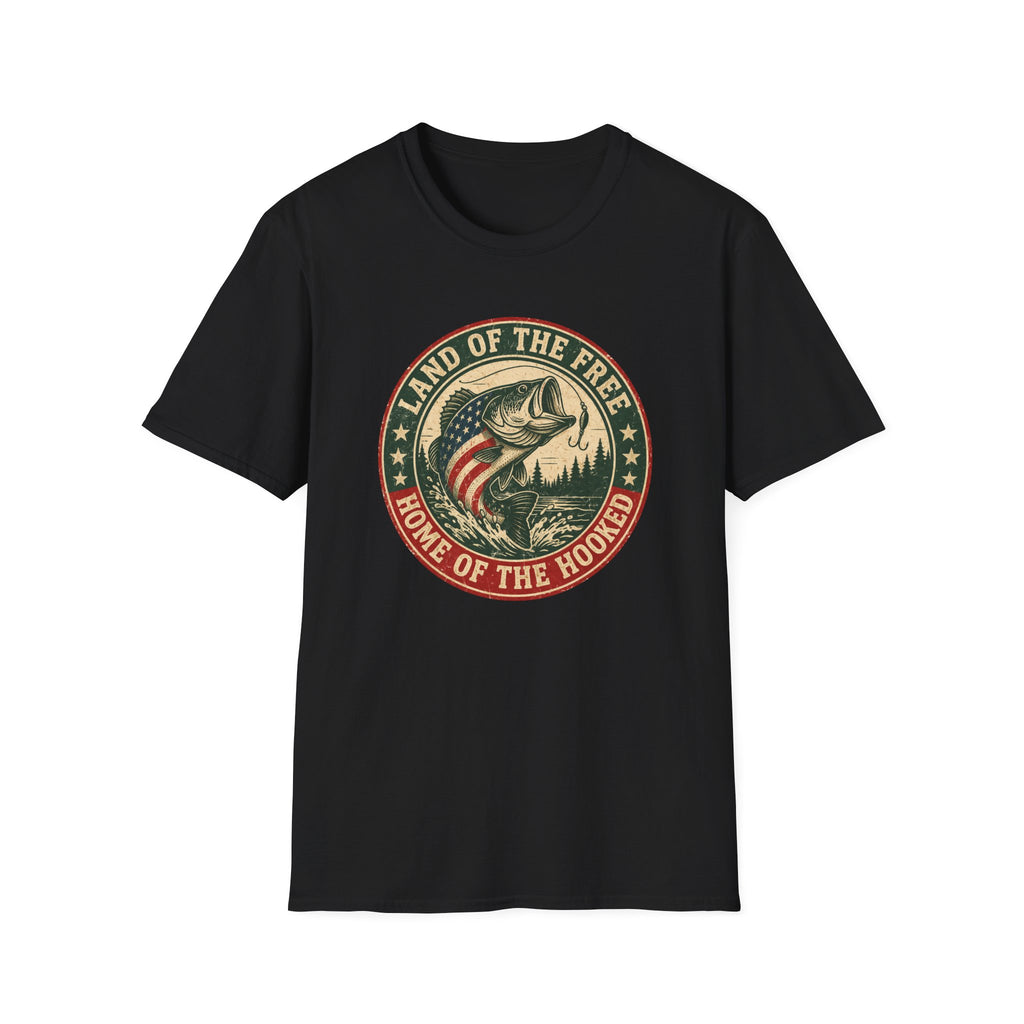 Land of the Free Fishing — "Home of the Hooked" Patriotic Bass Tee