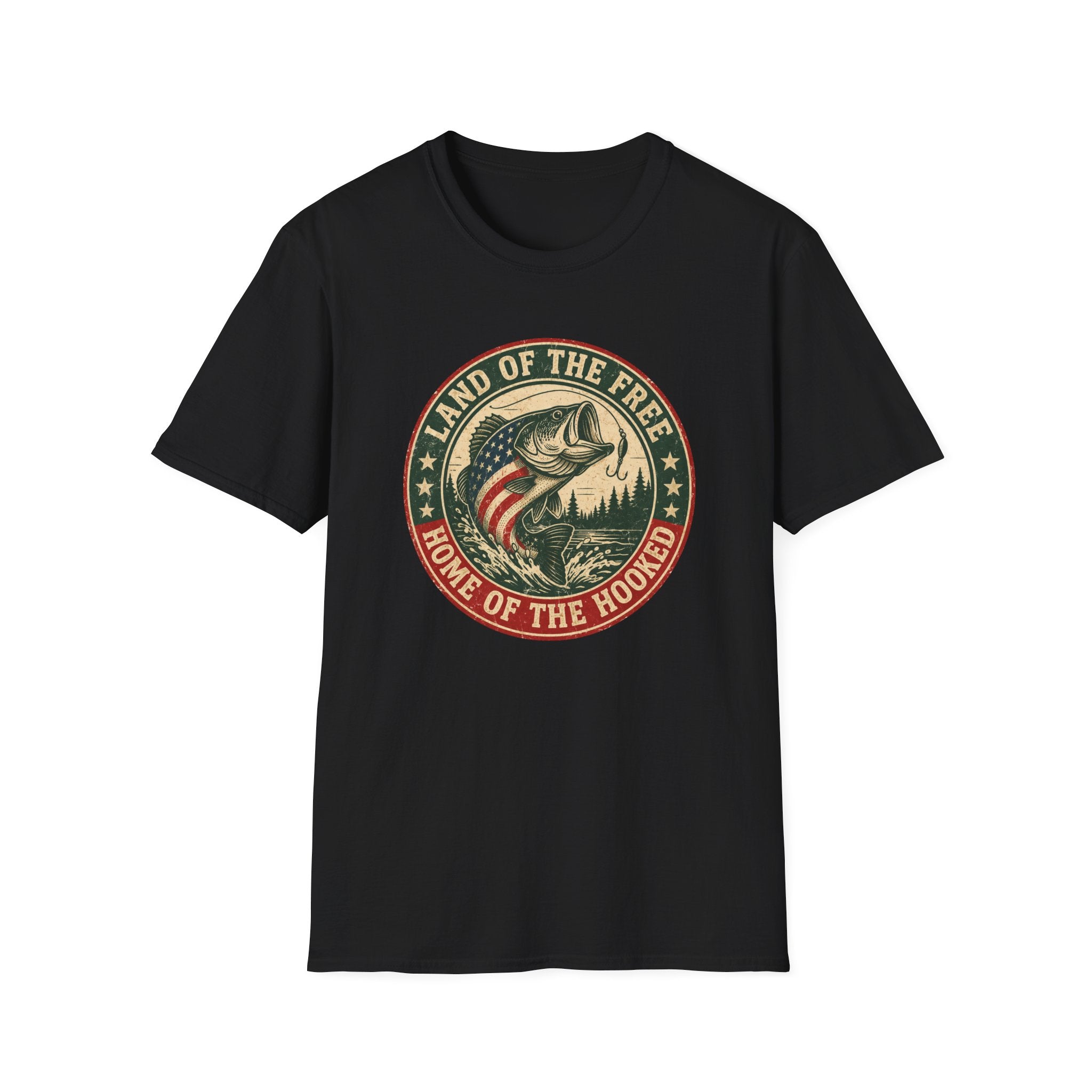 Land of the Free Fishing — "Home of the Hooked" Patriotic Bass Tee