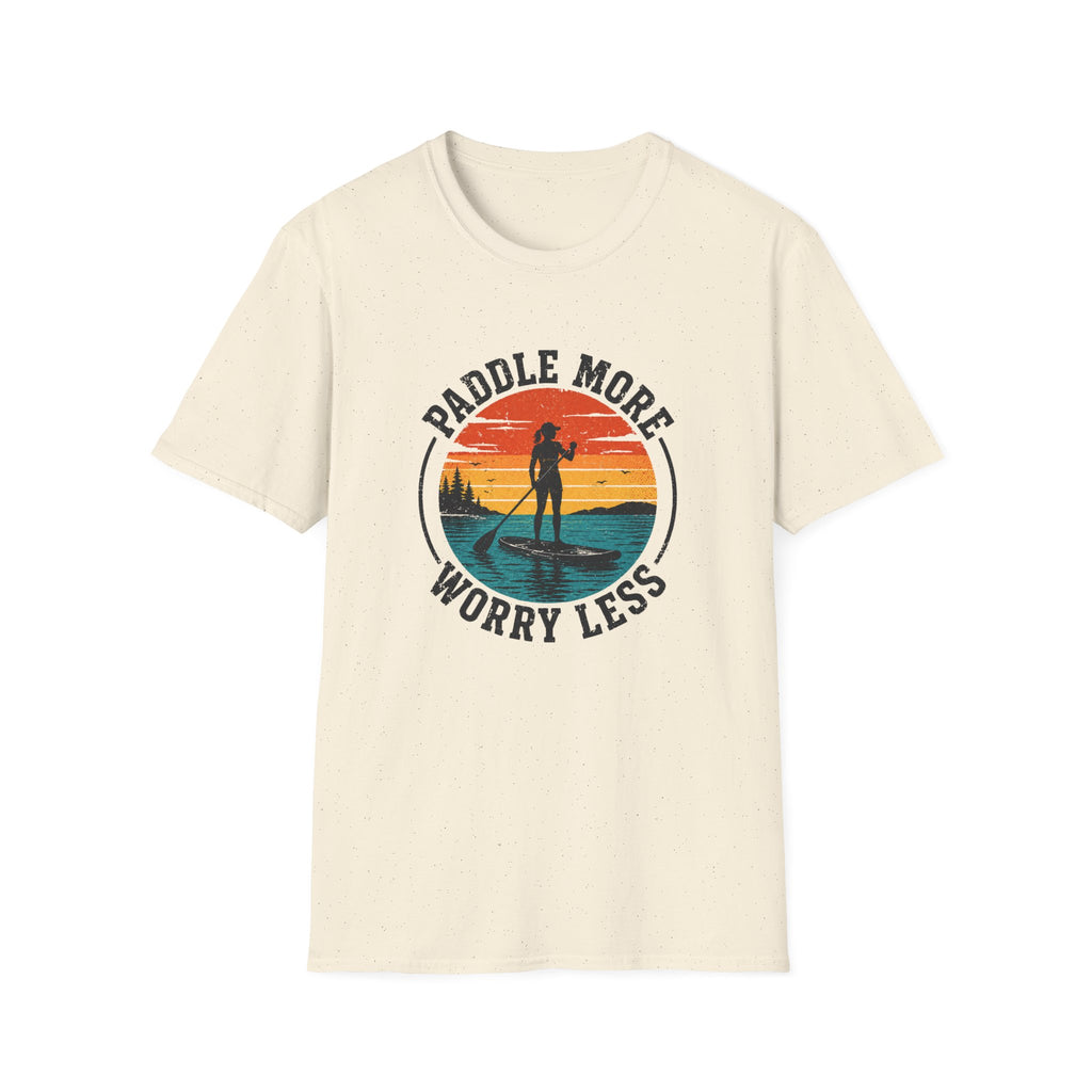 Paddle More Worry Less — Retro Sunset Paddleboarding Tee