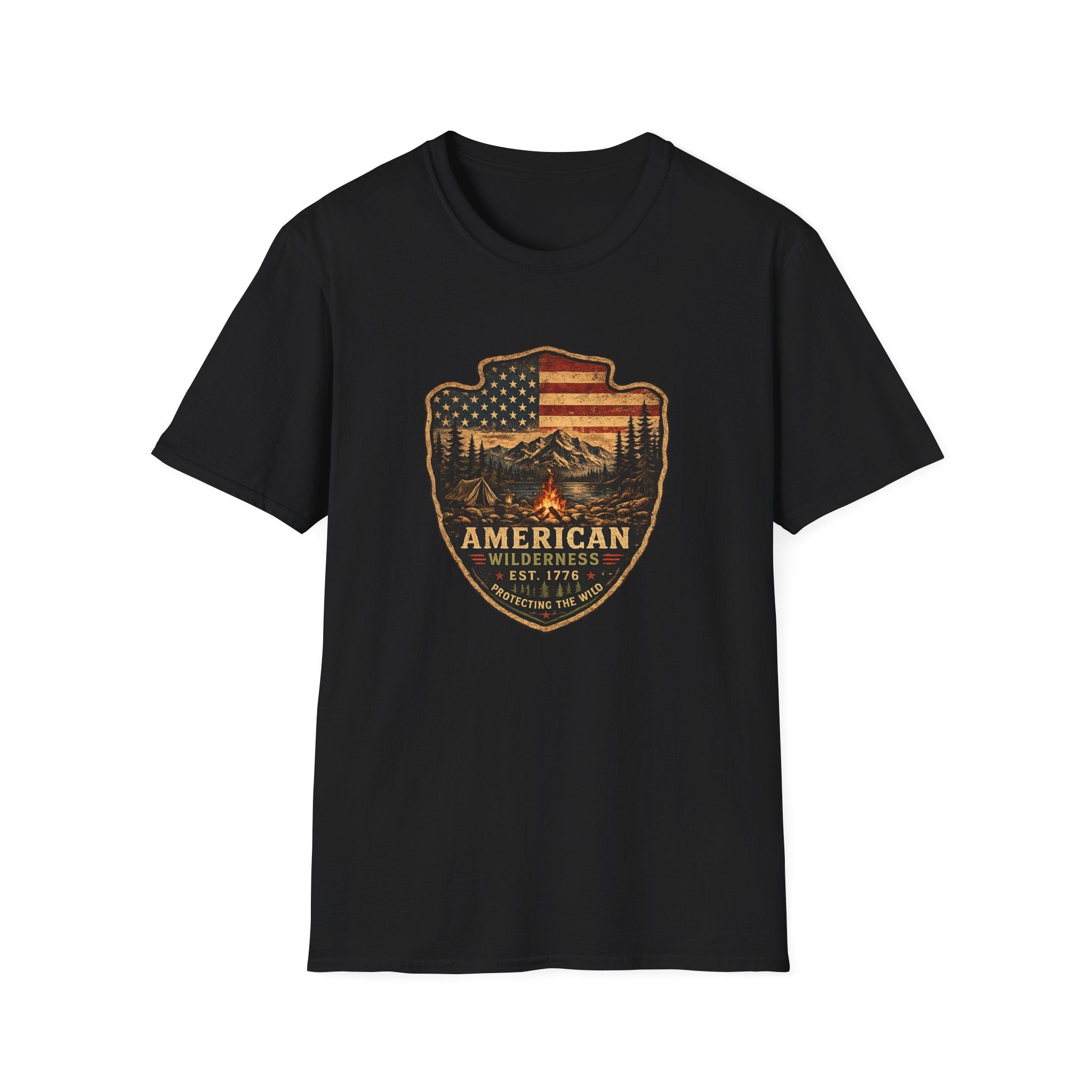 American Camping Badge — Vintage Flag & Campfire Outdoor Tee
