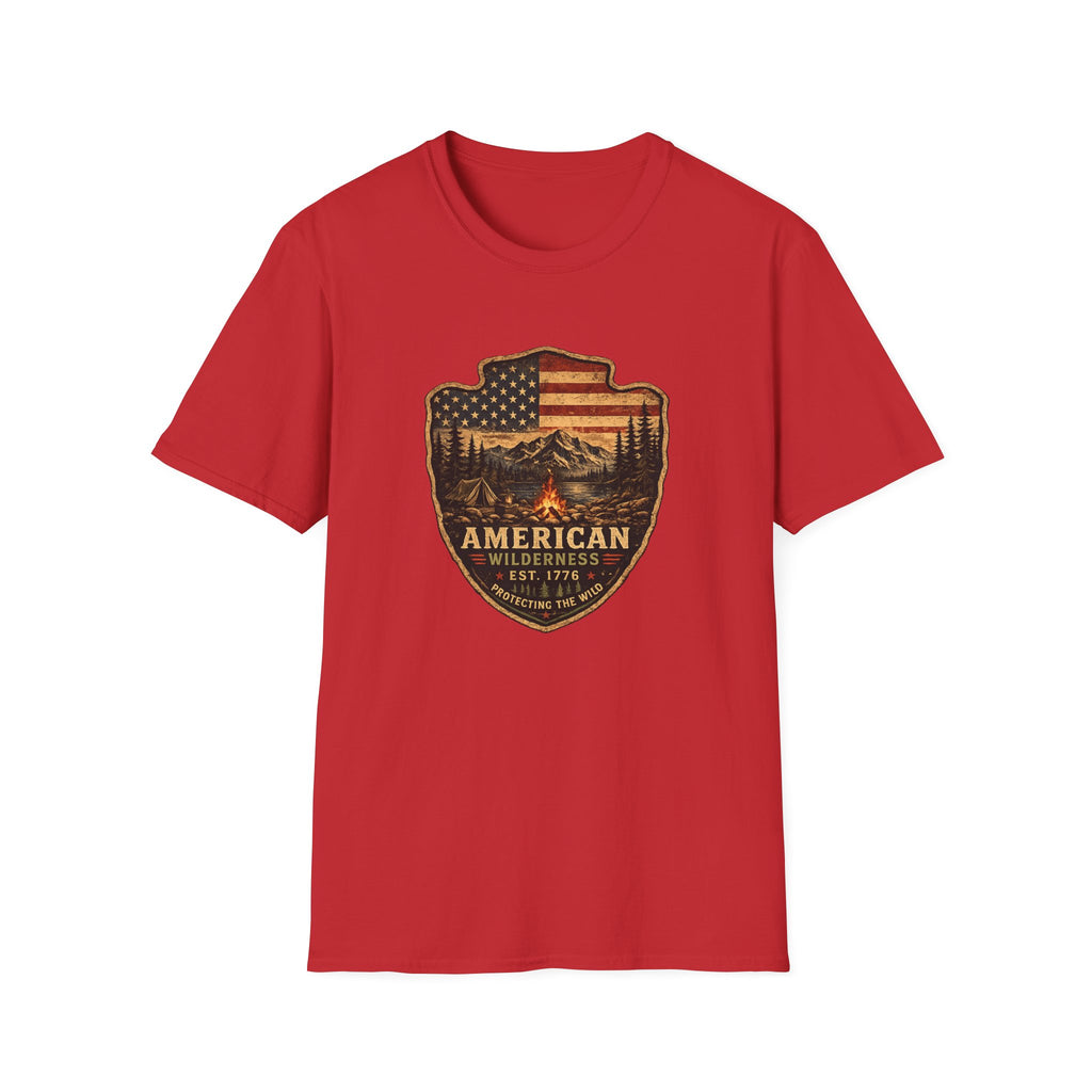 American Camping Badge — Vintage Flag & Campfire Outdoor Tee