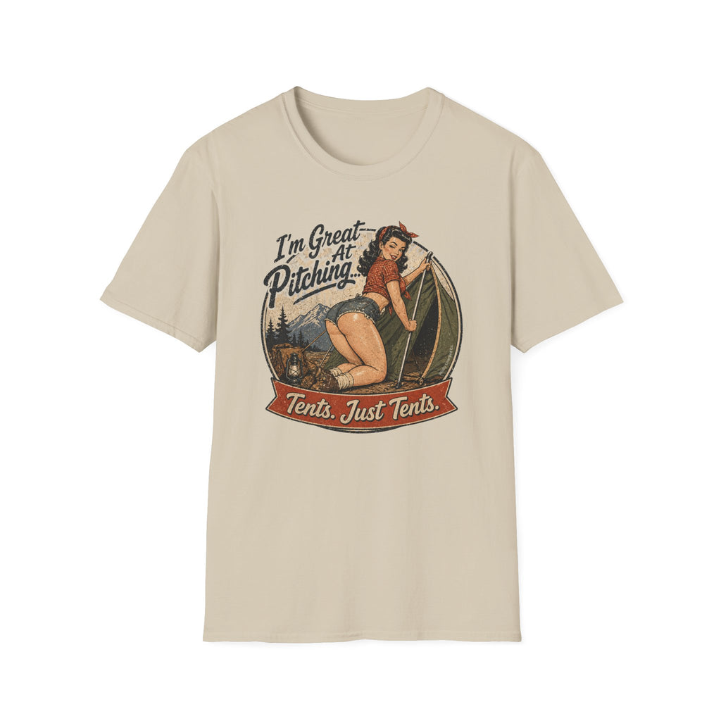 "I'm Great at Pitching... Tents, Just Tents" Retro Pin-Up Tee