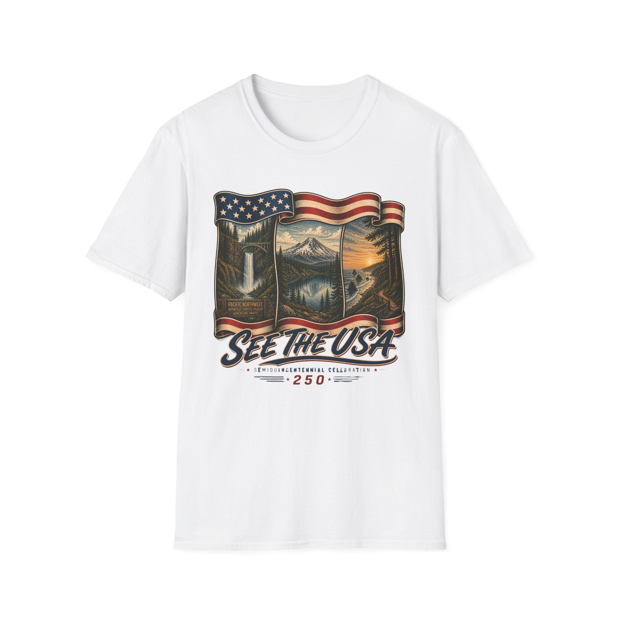See the USA — Vintage American Flag Scenic Travel Tee