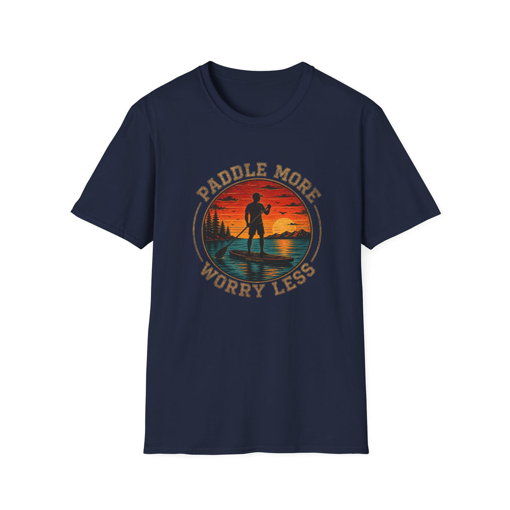 Paddle More Worry Less — Retro Sunset Stand Up Paddleboard Tee