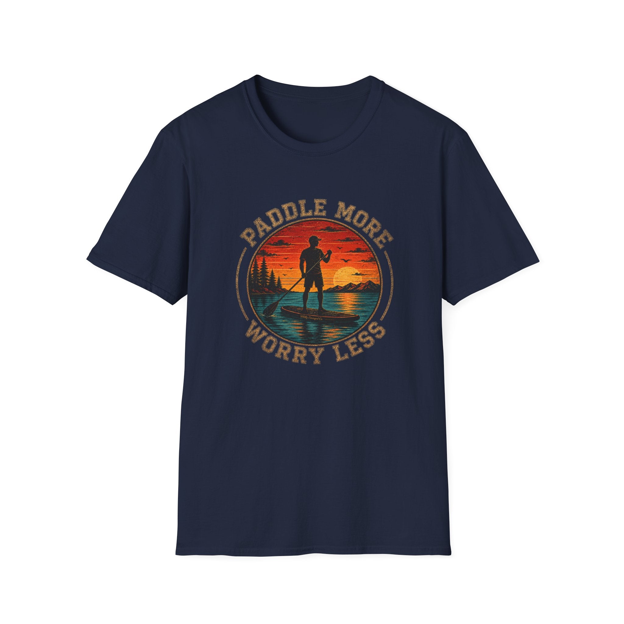 Paddle More Worry Less — Retro Sunset Stand Up Paddleboard Tee