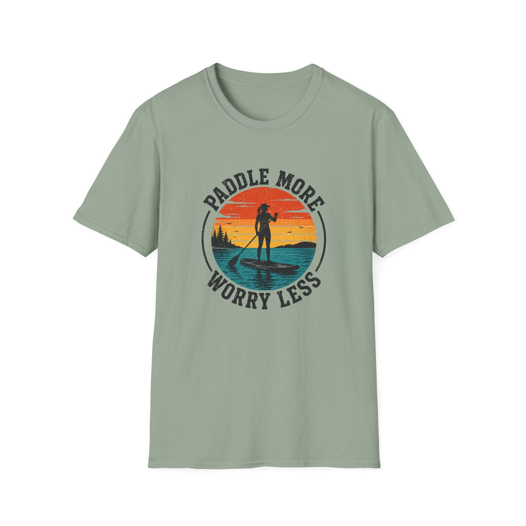 Paddle More Worry Less — Retro Sunset Paddleboarding Tee