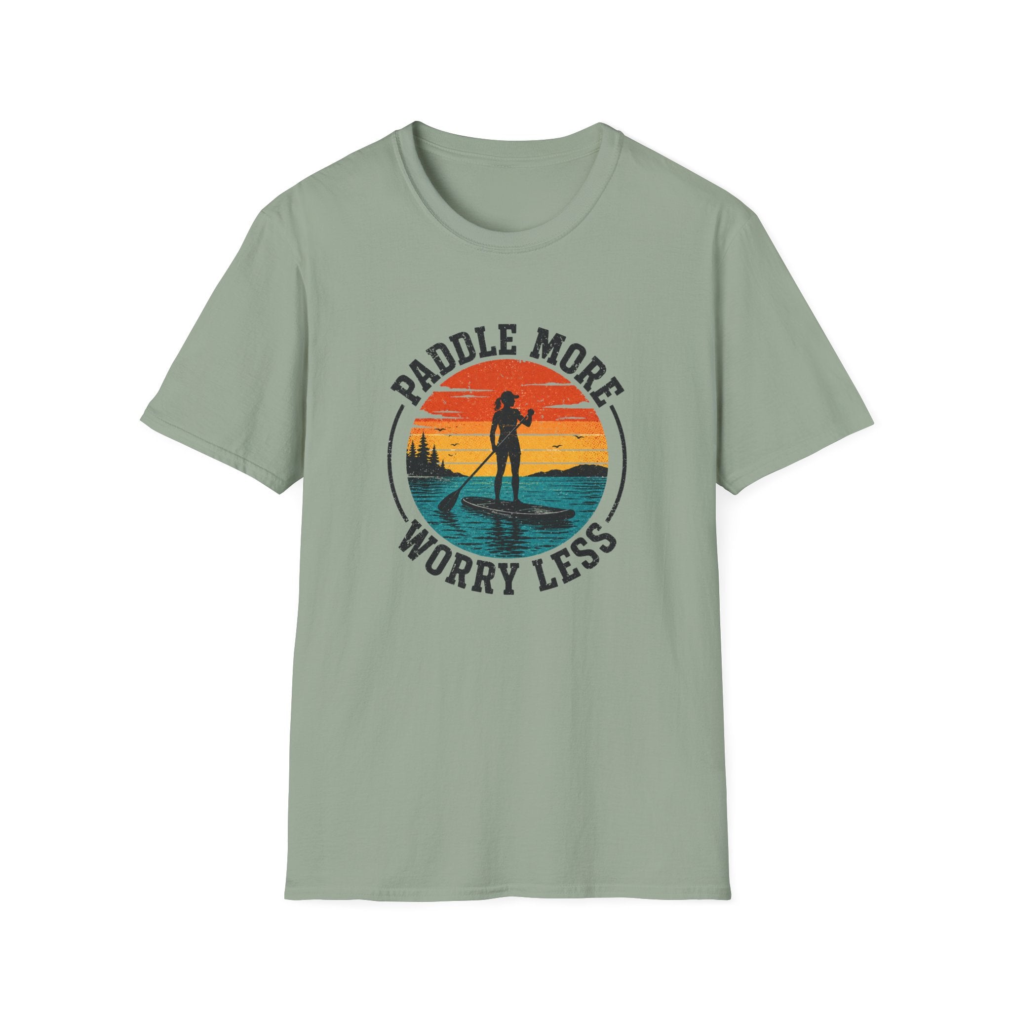 Paddle More Worry Less — Retro Sunset Paddleboarding Tee