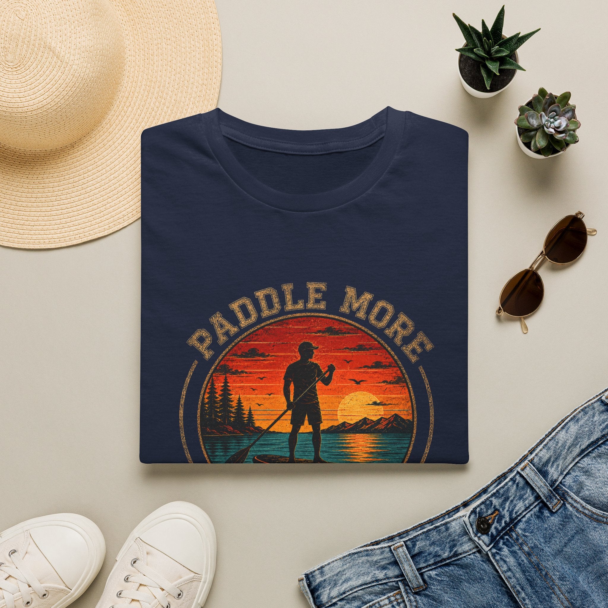 Paddle More Worry Less — Retro Sunset Stand Up Paddleboard Tee