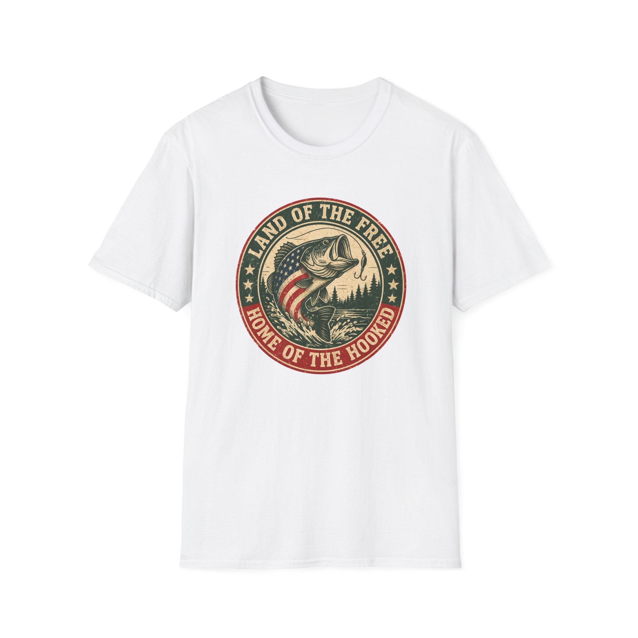 Land of the Free Fishing — "Home of the Hooked" Patriotic Bass Tee