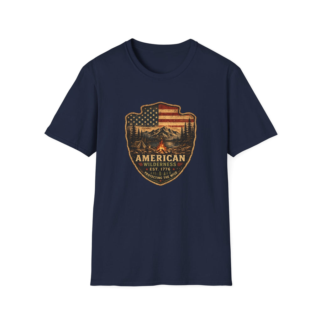 American Camping Badge — Vintage Flag & Campfire Outdoor Tee