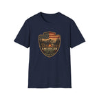 American Camping Badge — Vintage Flag & Campfire Outdoor Tee