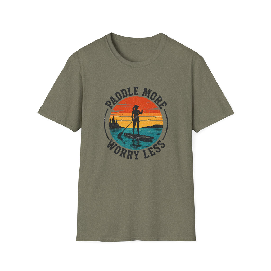 Paddle More Worry Less — Retro Sunset Paddleboarding Tee
